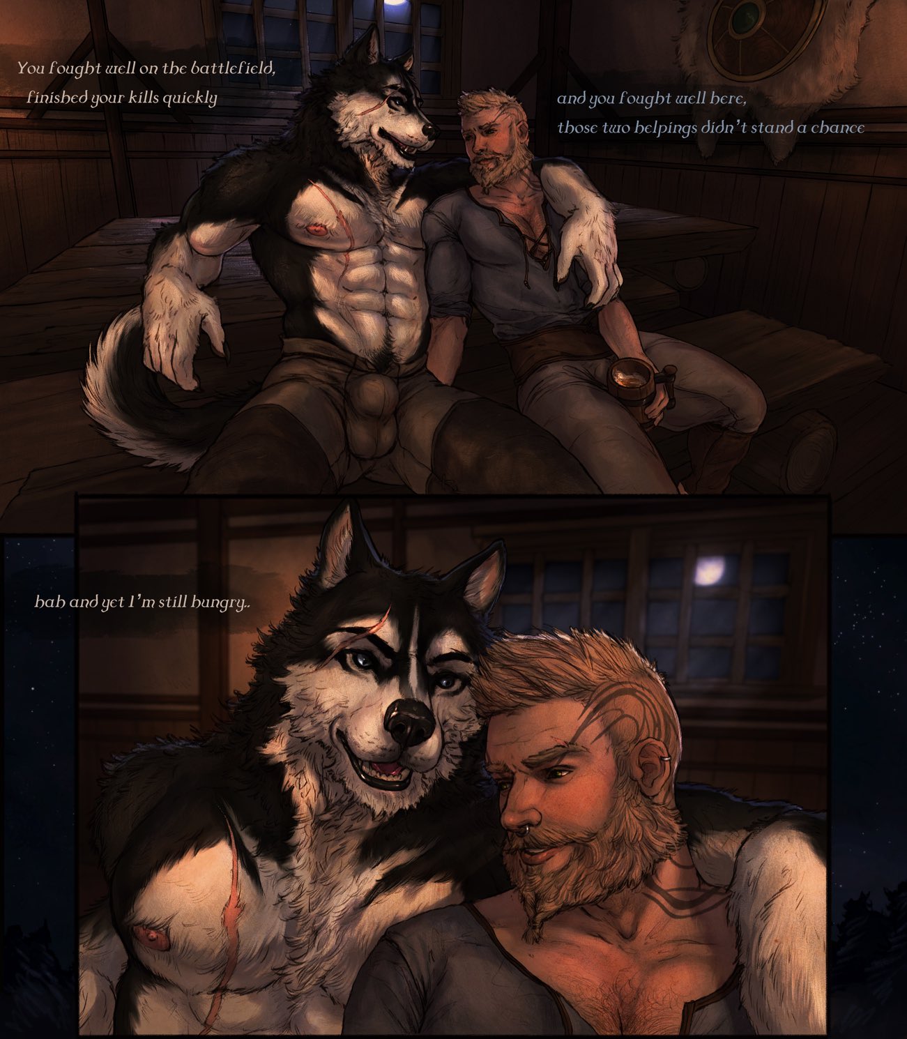 abs anthro beard black_body black_fur blonde_hair body_hair bulge canid canine canis chest_hair chest_scar clothed clothing comic domestic_dog duo english_text eye_scar facial_hair facial_scar fur hair hi_res holding_partner human human_on_anthro husky interspecies larger_anthro larger_male male male/male mammal multicolored_body multicolored_fur muscular muscular_anthro muscular_human muscular_male nipples nordic_sled_dog pecs s_anima scar sitting size_difference smaller_human smaller_male spitz text topless topless_male underwear underwear_only white_body white_fur
