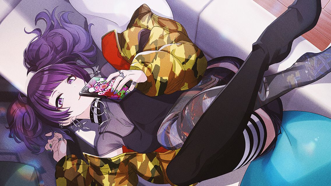 1girl asymmetrical_legwear black_camisole black_shorts black_thighhighs blunt_bangs breasts camisole camouflage camouflage_jacket cellphone choker cleavage commentary couch crossed_legs diagonal_bangs ear_piercing earrings from_above game_cg grey_nails hand_in_own_hair holding holding_phone hoop_earrings idolmaster idolmaster_shiny_colors indoors jacket jewelry looking_at_viewer lying multiple_rings no_shoes o-ring o-ring_choker off_shoulder official_art on_back on_couch phone piercing pillow purple_eyes purple_hair red_eyeliner red_lips ring see-through see-through_shirt short_sleeves short_twintails shorts small_breasts smartphone smile solo tanaka_mamimi thighhighs torn_clothes torn_shorts twintails wooden_floor