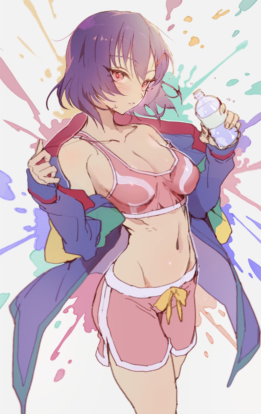 1girl blue_jacket bottle breasts collarbone green_jacket hair_between_eyes hair_ornament hairclip hand_in_pocket hand_up highres holding holding_bottle hood hood_down hooded_jacket hxxg jacket looking_at_viewer medium_breasts mikazuki_shizuka multicolored_clothes multicolored_jacket navel open_clothes open_jacket parted_lips pink_eyes pink_shorts purple_hair red_jacket short_hair short_shorts shorts simple_background sketch solo sportswear water_bottle yellow_jacket zom_100:_zombie_ni_naru_made_ni_shitai_100_no_koto