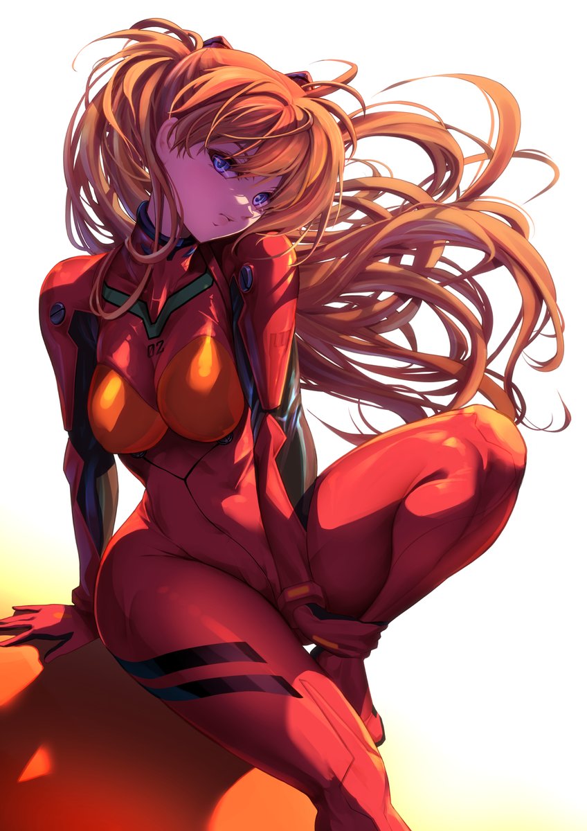 blue_eyes breasts gradient_background head_tilt headgear highres holding_leg kawaraya_a-ta large_breasts lips long_hair neon_genesis_evangelion orange_background orange_hair plugsuit shadow sitting skin_tight souryuu_asuka_langley two-tone_background