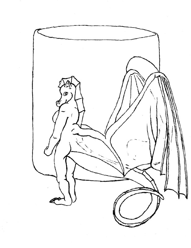 anthro big_breasts breasts butt coffee_cup container cup dorsal_frill female frill_(anatomy) head_crest head_frill herm_(lore) huge_wings long_tail looking_at_viewer looking_back membrane_(anatomy) membranous_frill micro monochrome non-mammal_breasts nude shira_frozenmoon solo standing tail tail_frill vtaar'ahn_graywrath