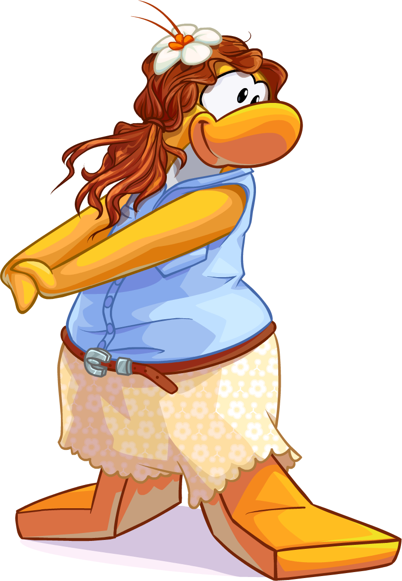 accessory avian bird blue_clothing blue_shirt blue_topwear bottomwear brown_belt clothing club_penguin female floral_print flower flower_in_hair full-length_portrait hair hair_accessory long_hair looking_aside official_art orange_hair pants penguin plant portrait print_bottomwear print_clothing print_pants shirt sleeveless sleeveless_shirt smile solo stretching_arms topwear unknown_artist white_flower yellow_body