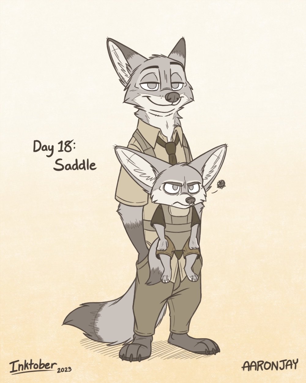 2023 aar0njay anthro barefoot canid canine cheek_tuft clothed clothing digital_media_(artwork) dipstick_ears dipstick_tail disney duo facial_tuft feet fennec finnick_(zootopia) fox fully_clothed hi_res inktober inktober_2023 mammal markings multicolored_ears necktie nick_wilde red_fox signature simple_background smile standing tail tail_markings tuft upset zootopia