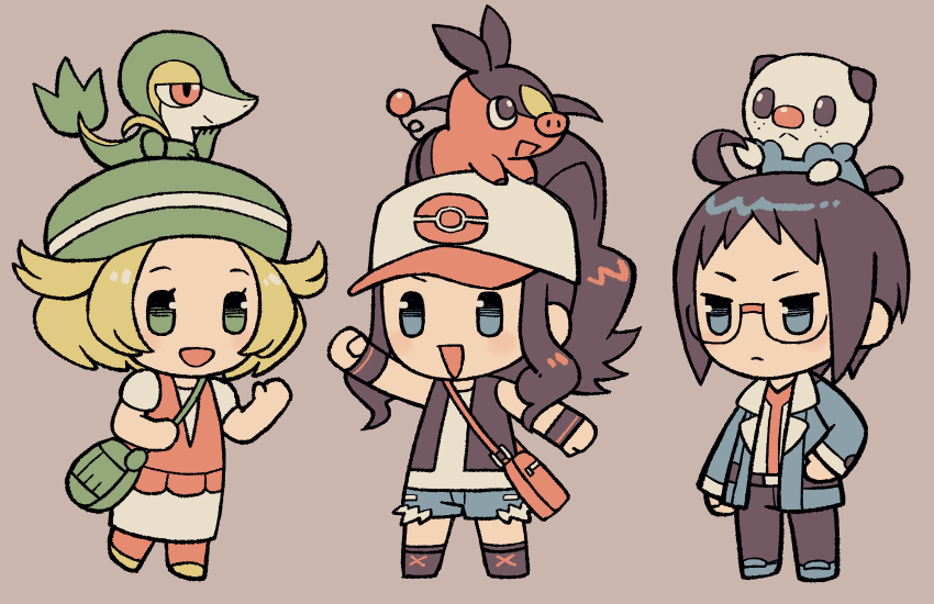 1boy 2girls :d ahoge bag baseball_cap beret bianca_(pokemon) black_vest blonde_hair brown_hair cheren_(pokemon) chibi commentary_request dress green_bag green_eyes green_headwear grey_background hat high_ponytail hilda_(pokemon) long_hair multiple_girls numae_kaeru on_head open_mouth orange_pantyhose orange_vest oshawott pantyhose pokemon pokemon_(creature) pokemon_(game) pokemon_bw pokemon_on_head shirt shoes short_hair short_sleeves shoulder_bag sidelocks sleeveless sleeveless_shirt smile snivy starter_pokemon_trio tepig vest white_dress white_shirt wristband yellow_footwear