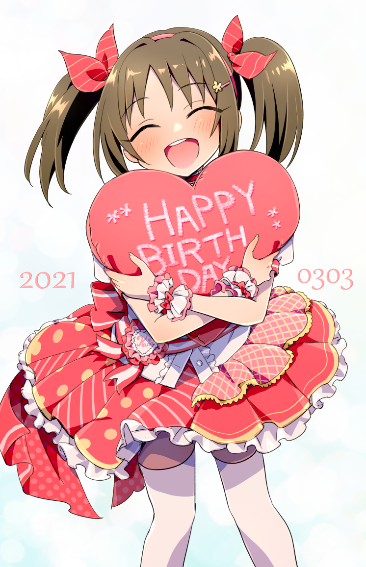 1girl ^_^ blush bow brown_hair cinderella_girls_gekijou closed_eyes dress english_text frilled_dress frills hair_bow hair_ornament hair_ribbon hairband hairclip happy_birthday heart holding_cushion idolmaster idolmaster_cinderella_girls idolmaster_cinderella_girls_starlight_stage imai_kana layered_dress long_hair open_mouth plaid plaid_dress polka_dot polka_dot_dress red_dress red_hairband red_ribbon ribbon scrunchie shinkai_kiiro smile solo striped striped_dress striped_ribbon teeth thighhighs twintails upper_teeth_only white_thighhighs