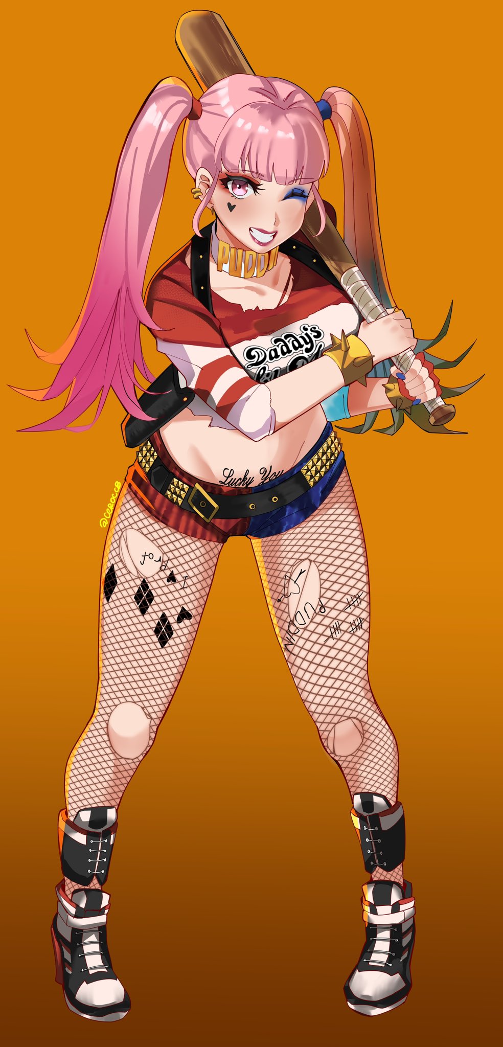 1girl baseball_bat belt black_belt black_footwear body_writing bracelet ceroccb choker collarbone colored_tips commentary cosplay crop_top ear_piercing eyeshadow fire_emblem fire_emblem:_three_houses fishnet_pantyhose fishnets full_body gradient_background grin groin harley_quinn harley_quinn_(cosplay) highres hilda_valentine_goneril holding holding_baseball_bat jewelry lipstick long_hair looking_at_viewer makeup micro_shorts midriff multicolored_hair one_eye_closed orange_background pantyhose piercing pink_eyes pink_hair pubic_tattoo red_lips red_shorts shoes shorts smile solo spiked_bracelet spikes standing stomach tattoo teeth torn_clothes torn_pantyhose twintails white_choker