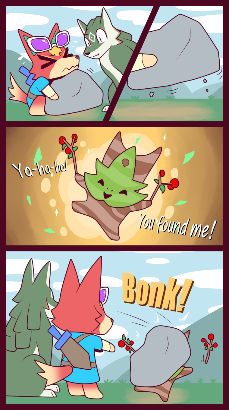 animal_crossing anthro audie_(animal_crossing) canid canine canis comic dialogue dropping_object english_text fox hi_res humor korok lifting_object link_(wolf_form) mammal melee_weapon nintendo onomatopoeia outside r-mk rock sitting sound_effects standing sword sword_on_back sword_sheath text the_legend_of_zelda weapon wolf