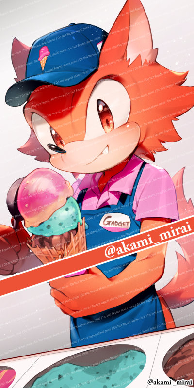 1boy animal_ears animal_nose apron artist_name avatar_(sonic_forces) blue_apron blue_headwear blush character_name closed_mouth clothes_writing fang food food_print furry furry_male gradient_background grey_background hands_up hat holding holding_food holding_ice_cream ice_cream iiimirai looking_at_viewer male_focus pink_shirt red_eyes red_fur shirt short_sleeves simple_background smile solo sonic_(series) sonic_forces standing table tail watermark white_background wing_collar wolf_boy wolf_ears wolf_tail