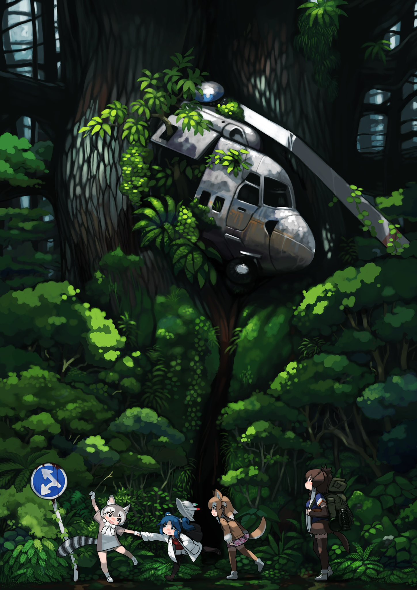 4girls aircraft animal_ears backpack bag blue_hair brown_hair detached_sleeves forest from_side full_body gloves height_difference helicopter highres holding_hands japanese_wolf_(kemono_friends) kemono_friends labcoat long_hair long_sleeves looking_at_another looking_at_object looking_up mammoth_(kemono_friends) multiple_girls nature overgrown pantyhose pulling ringtail_(kemono_friends) rinx road_sign scenery shirt shoes sign skirt tail thighhighs tree two_side_up walking wolf_ears wolf_girl wolf_tail