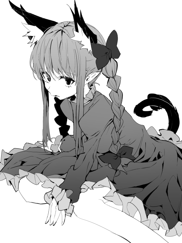1girl animal_ear_fluff animal_ears bare_legs blunt_bangs bow braid cat_ears cat_tail extra_ears eyelashes foot_out_of_frame frills greyscale hair_between_eyes hair_bow kaenbyou_rin long_hair long_sleeves looking_at_viewer monochrome multiple_tails nekomata parted_lips petticoat pointy_ears polpol simple_background sitting solo tail touhou twin_braids two_tails upturned_eyes very_long_hair white_background yokozuwari