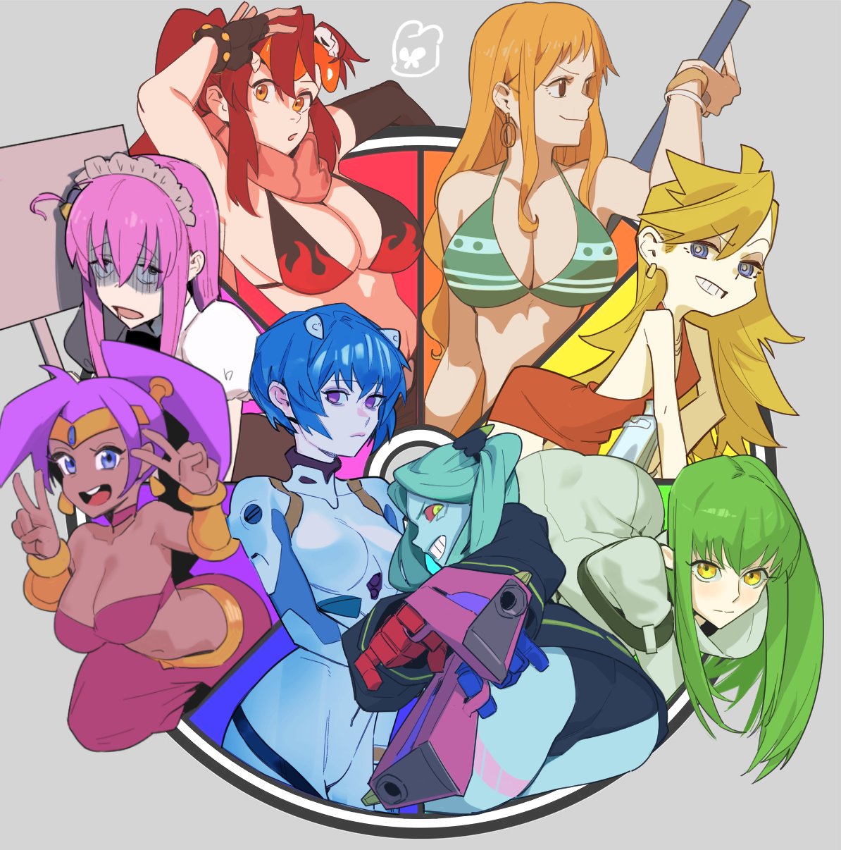 6+girls annotated ayanami_rei bikini blonde_hair blue_eyes blue_hair bocchi_the_rock! breasts c.c. choker circlet code_geass color_wheel_challenge colored_sclera commentary cyberpunk_(series) cyberpunk_edgerunners double_v dual_wielding earrings elbow_gloves english_commentary finger_on_trigger fingerless_gloves gloves gotoh_hitori grey_hair gun hair_between_eyes handgun highres holding holding_gun holding_weapon hong_doo interface_headset jewelry large_breasts long_hair looking_at_viewer maid maid_headdress medium_breasts multiple_drawing_challenge multiple_girls nami_(one_piece) navel neon_genesis_evangelion one_piece open_mouth orange_hair panty_&amp;_stocking_with_garterbelt panty_(psg) pilot_suit plugsuit ponytail purple_eyes purple_hair rebecca_(cyberpunk) red_hair red_sclera shantae shantae_(series) short_hair single_elbow_glove swimsuit teeth tengen_toppa_gurren_lagann tongue v weapon yellow_eyes yoko_littner