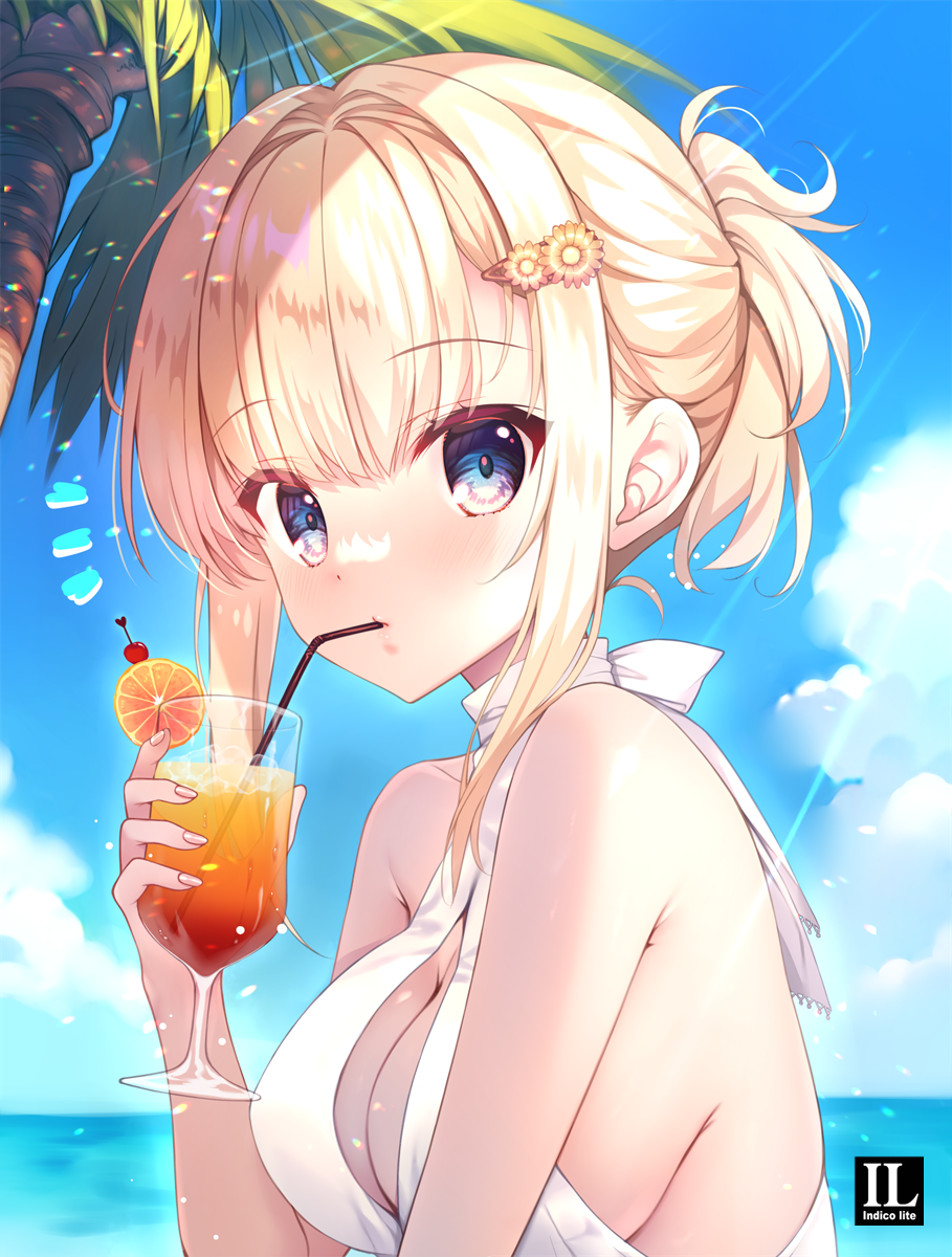 1girl bare_arms bare_shoulders bendy_straw blonde_hair blue_eyes blue_sky blush breasts cleavage closed_mouth cloud commentary_request cup day drink drinking_straw flower hair_flower hair_ornament hairclip hand_up highres holding holding_cup horizon looking_at_viewer medium_breasts mitha ocean one-piece_swimsuit original outdoors palm_tree ponytail sidelocks sky solo swimsuit tree water white_one-piece_swimsuit yellow_flower