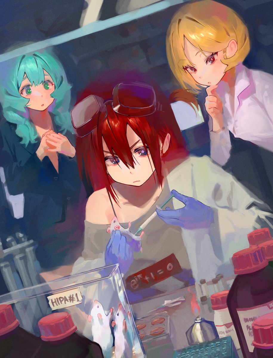 3girls :o blazer blonde_hair blue_eyes blue_gloves blue_hair blush bottle closed_mouth coat collarbone collared_shirt commentary cowboy_shot dot_nose english_commentary frown glass_container gloves goggles goggles_on_head green_eyes hair_between_eyes hand_on_own_chin highres hipa_(some1else45) holding holding_syringe jacket lab_coat laboratory long_sleeves mouse multiple_girls nahia_(some1else45) off_shoulder open_clothes open_coat open_mouth original own_hands_together partially_unbuttoned print_shirt red_eyes red_hair scientist sekoshi_(some1else45) serious shirt solo_focus some1else45 stroking_own_chin syringe test_tube test_tube_rack thinking tube v-shaped_eyebrows white_shirt