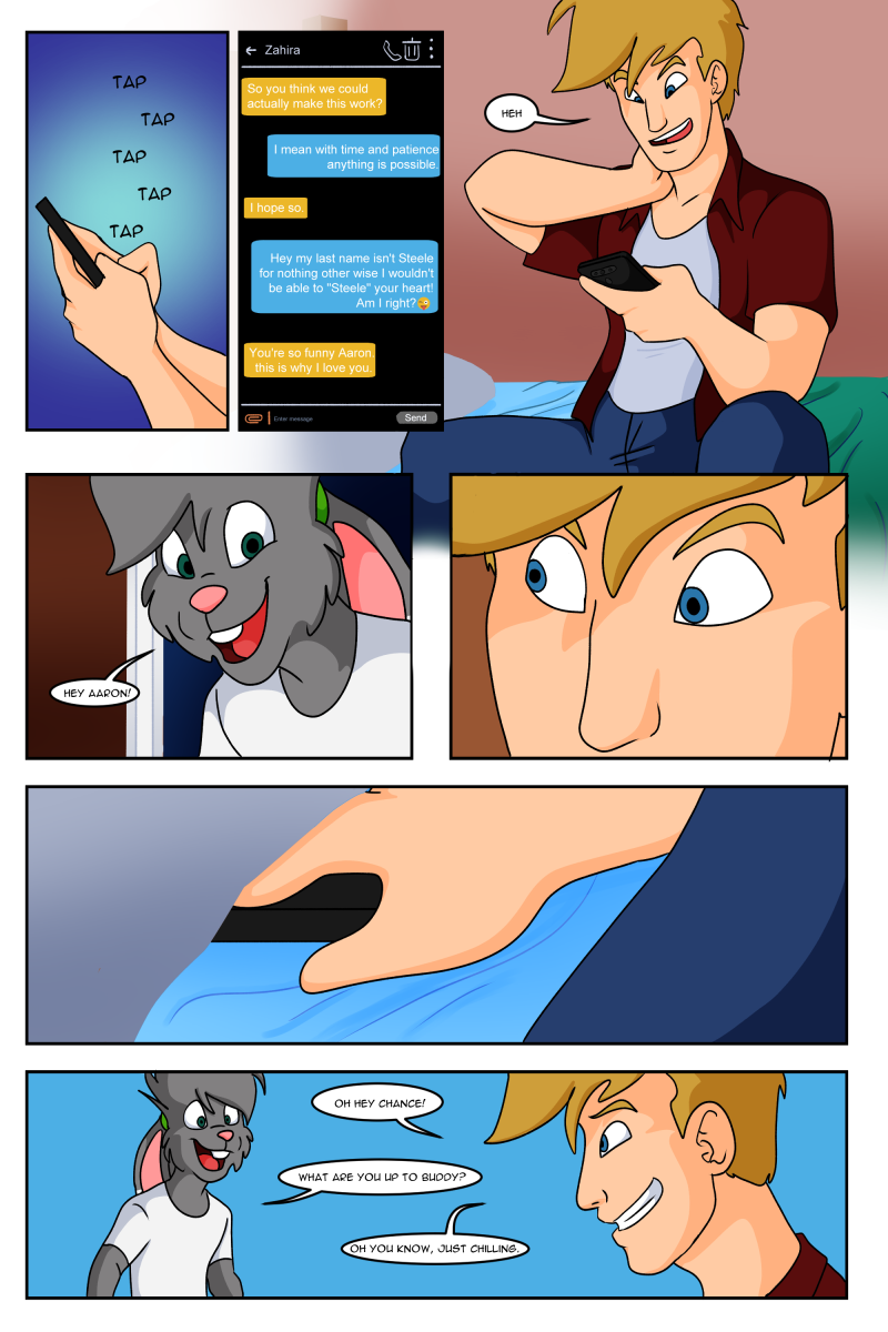 anthro blonde_hair blue_eyes cellphone chance_the_rabbit comic divine_acid ears_tied_back green_eyes hair hi_res hiding_object human lagomorph leporid lordmarukio male mammal phone rabbit series teenager text_message texting young
