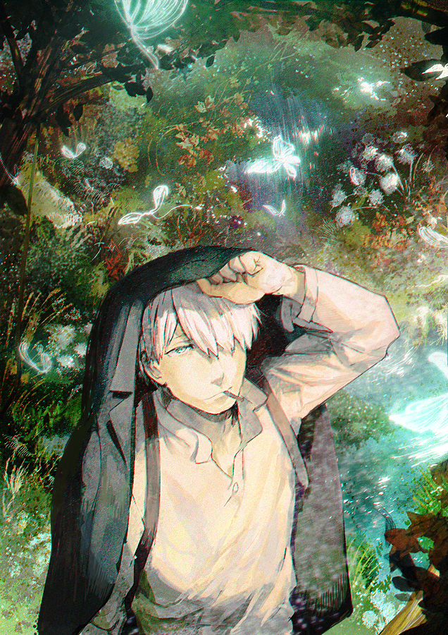 1boy aoki_(fumomo) backpack bag black_coat cigarette coat coat_over_head collared_shirt commentary_request day dress_shirt forest ginko grass green_eyes hair_over_one_eye long_sleeves looking_to_the_side mushi_(mushishi) mushishi nature outdoors popped_collar river shirt smoking solo standing tree upper_body white_hair white_shirt