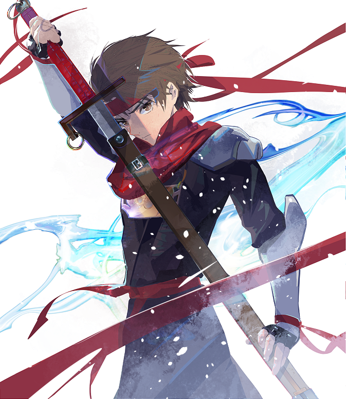 1boy arc_(arc_the_lad) arc_the_lad armor brown_eyes brown_hair closed_mouth cofffee gloves headband holding holding_sword holding_weapon looking_at_viewer male_focus scarf short_hair simple_background solo sword weapon white_background