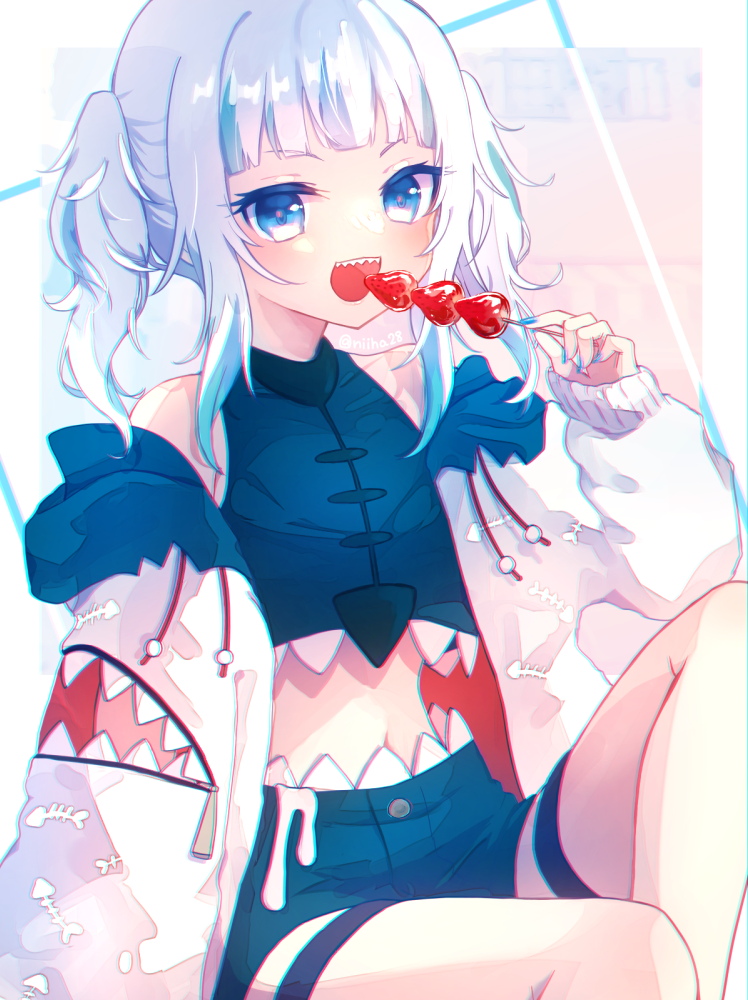 1girl :d bare_shoulders blue_eyes blue_hair blue_jacket blue_nails blue_shirt blue_shorts blunt_bangs blush border commentary_request crop_top eyelashes fingernails fish_bone_print food gawr_gura hand_up holding holding_food hololive hololive_english jacket knee_up long_sleeves looking_at_viewer medium_hair midriff mozukusupiyo multicolored_clothes multicolored_hair multicolored_jacket nail_polish navel off_shoulder open_clothes open_jacket open_mouth outside_border sharp_teeth shirt short_shorts shorts sidelocks sitting sleeveless sleeveless_shirt sleeves_past_wrists smile solo stomach streaked_hair tanghulu teeth thigh_strap twintails upper_teeth_only virtual_youtuber white_border white_hair white_jacket zipper zipper_pull_tab