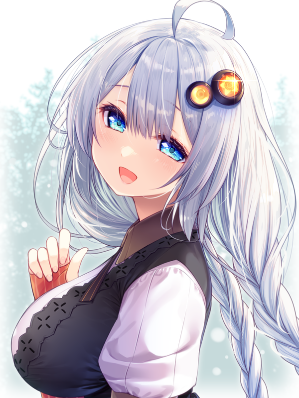 1girl :d ahoge black_dress blue_eyes braid breasts collared_shirt commentary_request dress fingerless_gloves from_side gloves grey_hair hair_between_eyes hair_ornament hand_up kizuna_akari large_breasts long_hair looking_at_viewer looking_to_the_side low_twintails orange_gloves puffy_short_sleeves puffy_sleeves shirt short_sleeves sleeveless sleeveless_dress smile solo star_(symbol) striped striped_gloves twin_braids twintails upper_body usume_shirou vertical-striped_gloves vertical_stripes voiceroid white_shirt