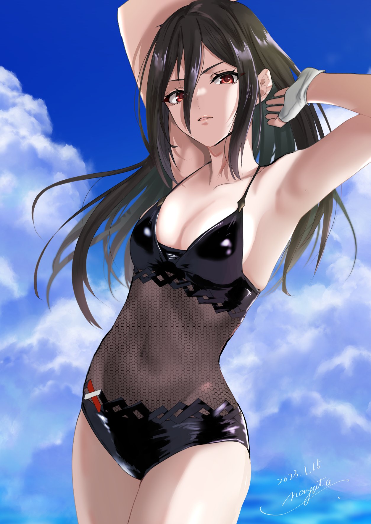 1girl armpits arms_behind_head black_hair black_one-piece_swimsuit blue_sky breasts cleavage cloud cloudy_sky covered_navel double-parted_bangs hair_between_eyes highres long_hair medium_breasts morag_ladair_(xenoblade) nayuta-kanata one-piece_swimsuit red_eyes sky solo standing stomach stomach_day swimsuit xenoblade_chronicles_(series) xenoblade_chronicles_2