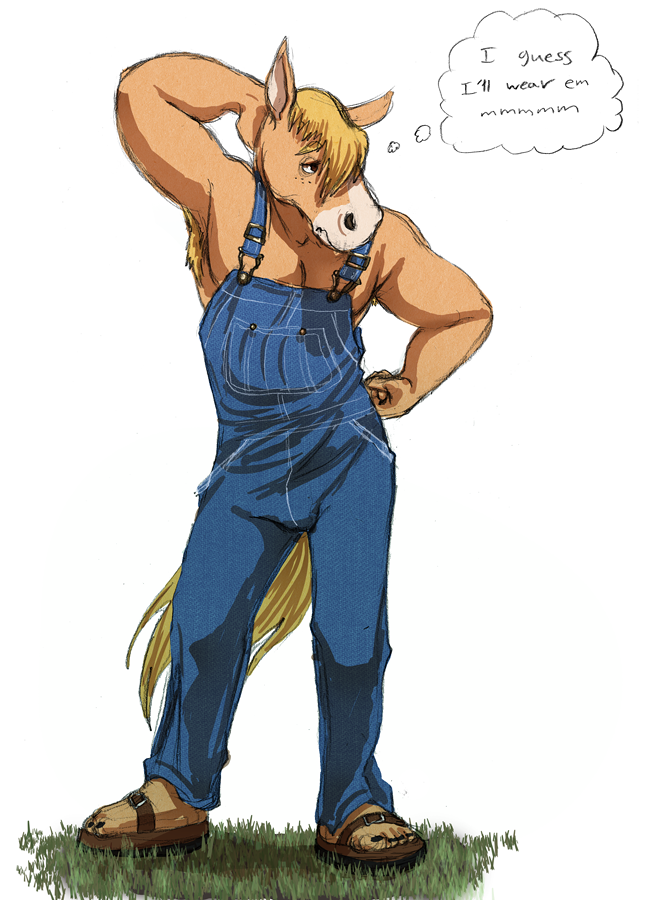 anthro blonde_hair blonde_mane blue_overalls brown_body brown_clothing brown_footwear brown_fur brown_sandals clothed clothing cseed dialogue english_text equid equine footwear fur grass hair hand_behind_head horse male mammal mane overalls plant sandals simple_background solo tan_body tan_fur text thought_bubble topless white_background