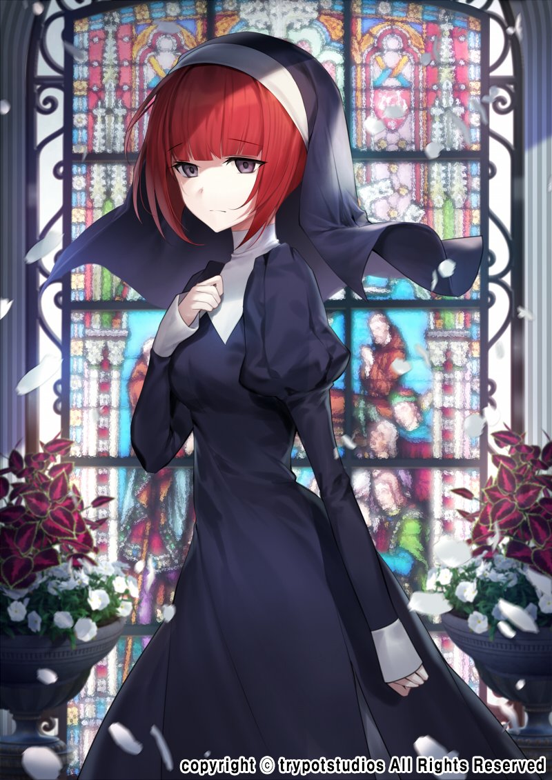 1girl black_dress black_eyes blunt_bangs carchet closed_mouth copyright dress empty_eyes falling_petals feet_out_of_frame flower frown habit hand_on_own_chest indoors juliet_sleeves long_sleeves looking_at_viewer looking_to_the_side nun official_art petals plant potted_plant puffy_sleeves red_hair short_hair sid_story solo stained_glass standing vivaldi_(sid_story) white_flower