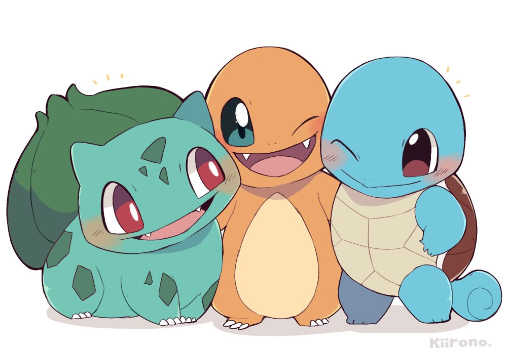 blue_eyes blush bulbasaur charmander fangs hand_on_own_hip kiirono no_humans one_eye_closed open_mouth pokemon pokemon_(creature) red_eyes signature simple_background smile squirtle starter_pokemon_trio white_background