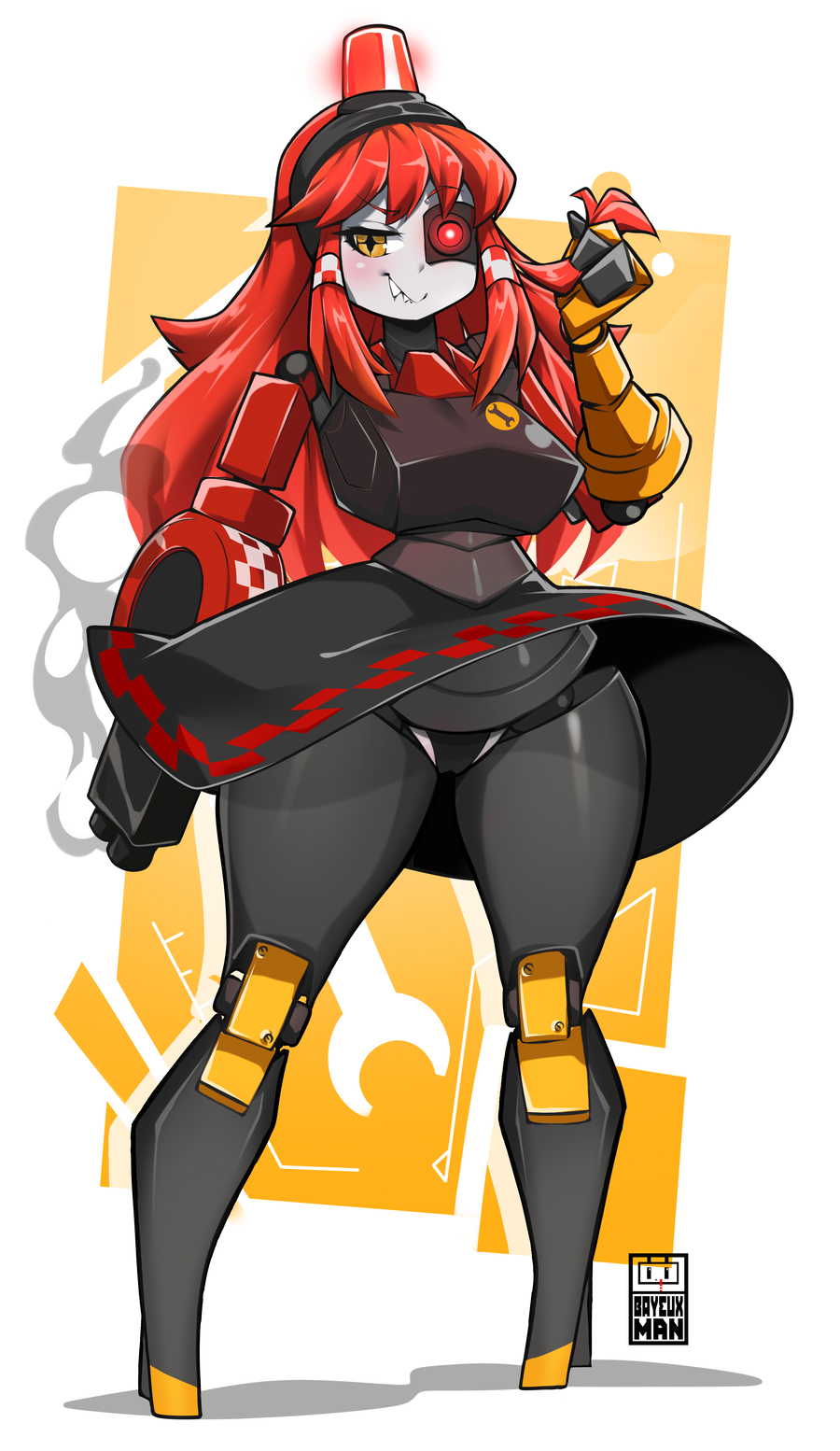 1girl android bayeuxman breasts fangs full_body highres joints mecha_musume mimi-sentry paid_reward_available red_hair robot_joints sidelocks skirt smoke solo standing team_fortress_2