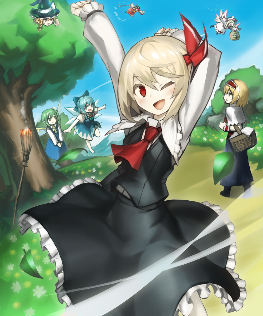 6+girls alice_margatroid ascot bangs basket black_hair black_headwear black_skirt black_vest blonde_hair blue_bow blue_dress blue_eyes blue_hair blush bow braid capelet cirno collared_shirt daiyousei day dress fairy fairy_wings frilled_shirt_collar frilled_skirt frills green_eyes green_hair hair_between_eyes hair_bow hair_ribbon hairband hakurei_reimu hat hat_bow highres ice ice_wings kirisame_marisa leaf lily_white lolita_hairband long_hair long_sleeves multiple_girls one_eye_closed open_mouth red_ascot red_eyes red_hairband red_ribbon ribbon rumia shirt short_hair short_sleeves side_ponytail single_braid skirt smile spark621 touhou tree vest white_bow white_capelet white_dress white_headwear white_shirt wide_sleeves wings witch_hat yellow_eyes