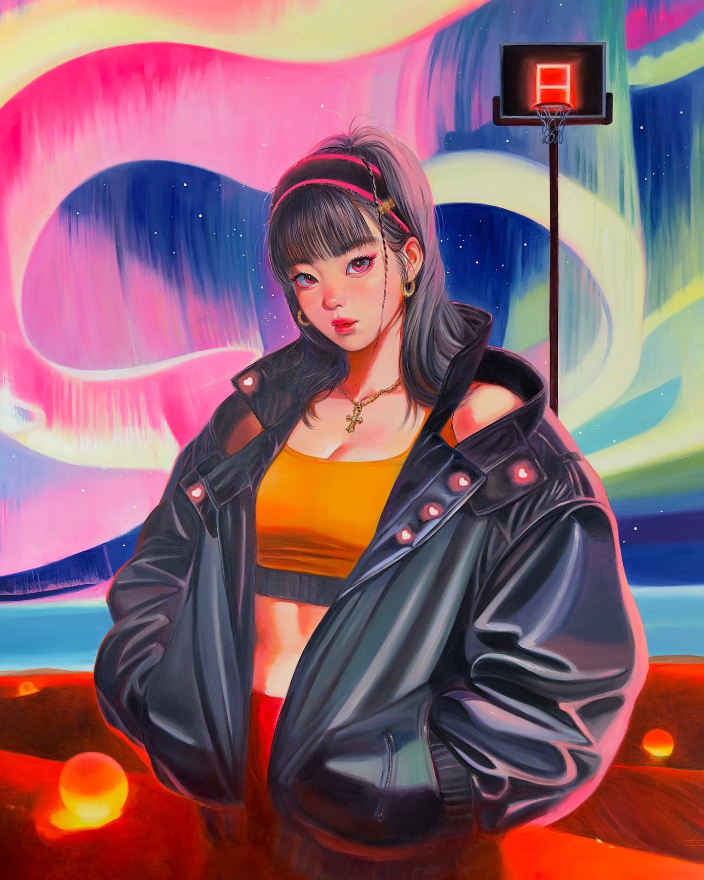 1girl acrylic_paint_(medium) aurora ball basketball_hoop black_hair black_jacket braid breasts cleavage clothing_cutout commentary cross cross_necklace english_commentary hairband hands_in_pockets highres jacket jewelry large_breasts leather leather_jacket little_thunder necklace original painting_(medium) pants pink_eyes pink_lips realistic red_pants shoulder_cutout sky solo star_(sky) starry_sky traditional_media upper_body