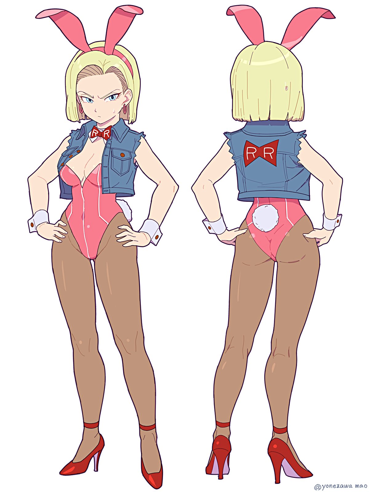 1girl alternate_costume android_18 animal_ears annoyed ass blonde_hair blue_eyes bow bowtie breasts commentary covered_navel denim denim_jacket detached_collar dragon_ball dragon_ball_z earrings fake_animal_ears fake_tail full_body hands_on_own_hips high_heels highleg highleg_leotard highres jacket jewelry leotard looking_at_viewer medium_breasts pantyhose pink_leotard playboy_bunny rabbit_ears rabbit_tail red_ribbon_army short_hair strapless strapless_leotard sweatdrop tail torn_jacket traditional_bowtie twitter_username white_background wrist_cuffs yonezawa_mao