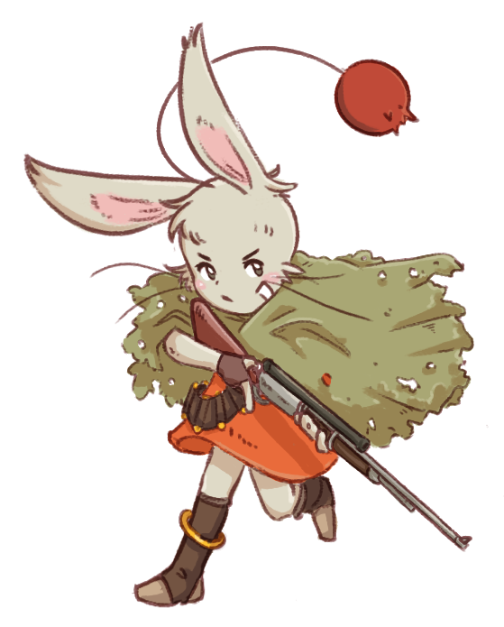 anklet antennae_(anatomy) anthro bandage bandolier black_eyes blush boots cape cloak clothing colored dress female final_fantasy final_fantasy_tactics fingerless_gloves footwear fur gloves grey_body grey_fur gun handwear head_tuft holding_gun holding_object holding_weapon jewelry long_ears mammal moogle pom_antennae ranged_weapon rifle sniper_scope solo square_enix sunshine_memoir tuft walking weapon