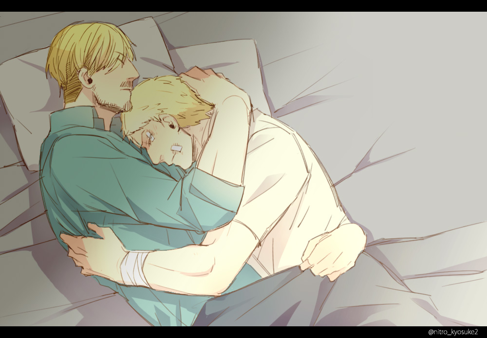 2boys afterglow age_difference bandages bandaid bandaid_on_cheek bandaid_on_face blonde_hair bruise collared_shirt couple facial_hair feet_out_of_frame from_above hand_on_another's_head hug injury kyosuke lying male_focus mature_male mike_zakarius multiple_boys mustache on_bed on_side reiner_braun shingeki_no_kyojin shirt short_hair stubble sunlight yaoi