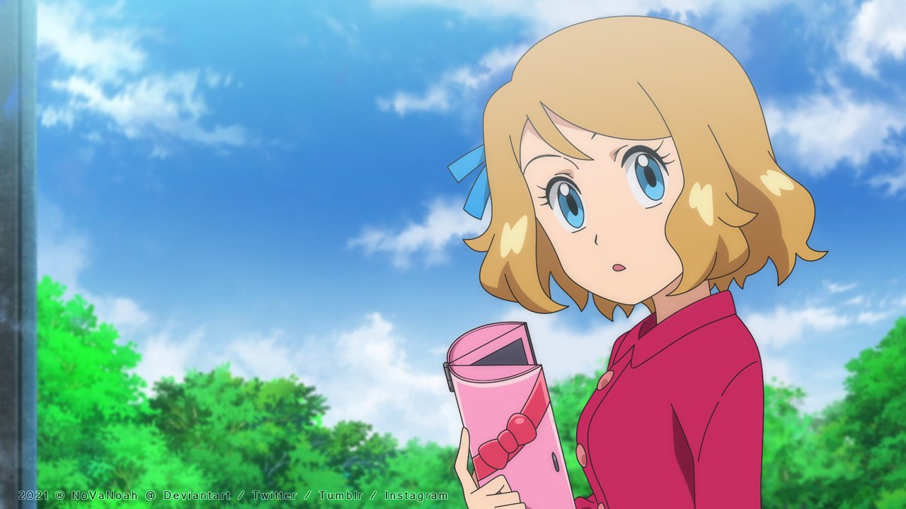1girl alternate_costume blonde_hair blue_eyes cloud collared_dress day dress eyelashes fake_screenshot from_side holding looking_to_the_side mixed-language_commentary noelia_ponce outdoors parted_lips pink_dress pokemon pokemon_(anime) pokemon_xy_(anime) serena_(pokemon) short_hair sky solo upper_body watermark