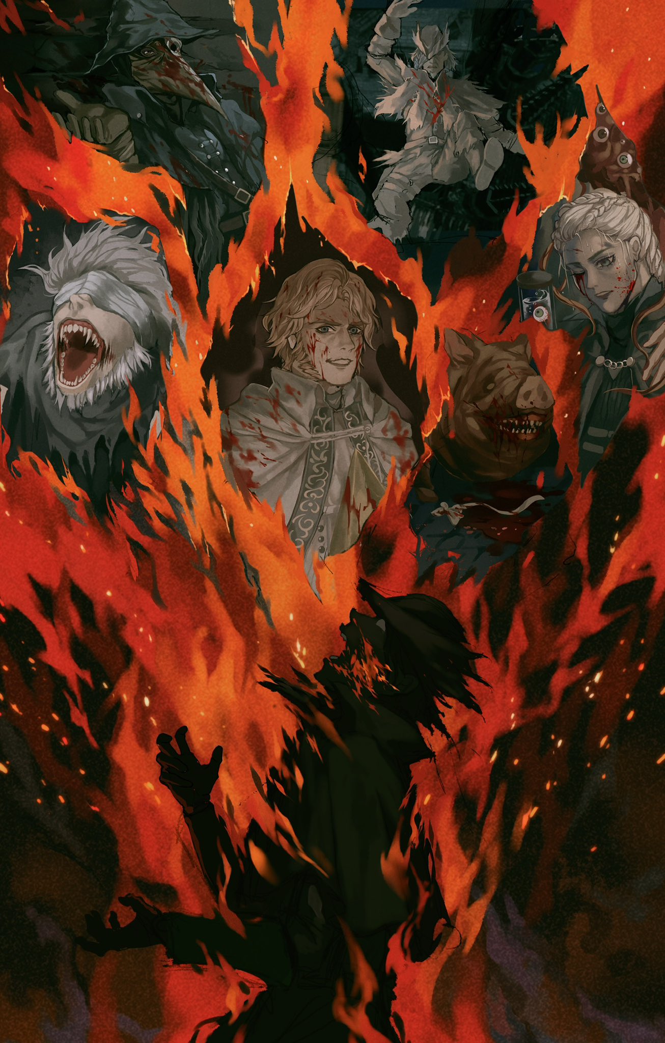 2girls 5boys alfred_(bloodborne) bandages bandages_over_eyes beard blood blood_from_eyes bloodborne braid burning character_request eileen_the_crow facial_hair facing_up fire from_side gehrman_the_first_hunter gloves grin hat highres iosefka multiple_boys multiple_girls one_eye_closed open_mouth pig_mask screaming sharp_teeth smile teeth tongue torn_clothes torn_hat tricorne upper_body water yujia0412