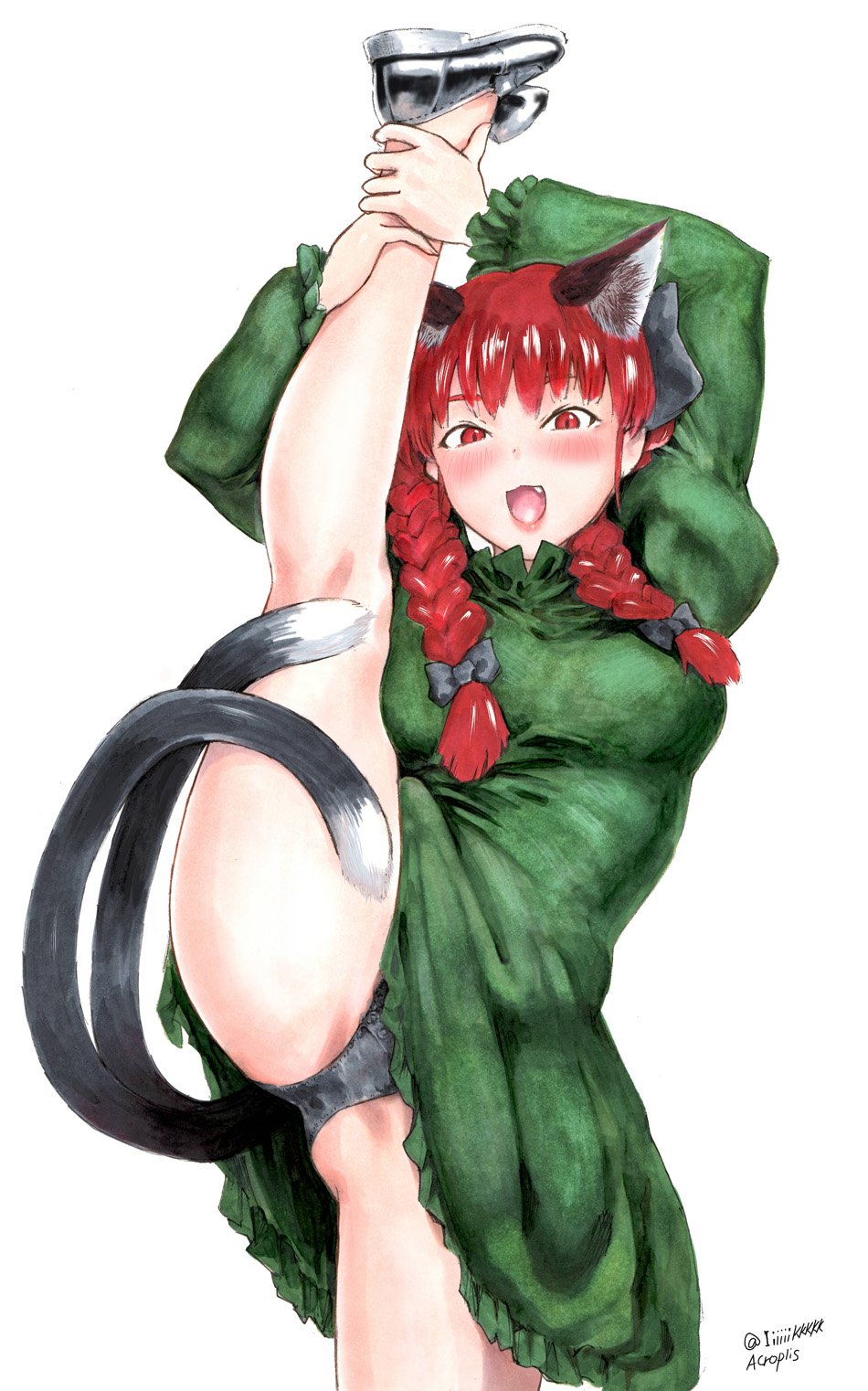 1girl akuroporisu animal_ears black_bow black_footwear black_panties blush bow braid cat_ears cowboy_shot dress fang flexible green_dress hair_bow highres holding_leg juliet_sleeves kaenbyou_rin leg_hold leg_lift leg_up long_hair long_sleeves looking_at_viewer multiple_tails open_mouth panties puffy_sleeves red_eyes red_hair shoes simple_background slit_pupils smile solo split standing standing_on_one_leg standing_split tail touhou twin_braids two_tails underwear white_background