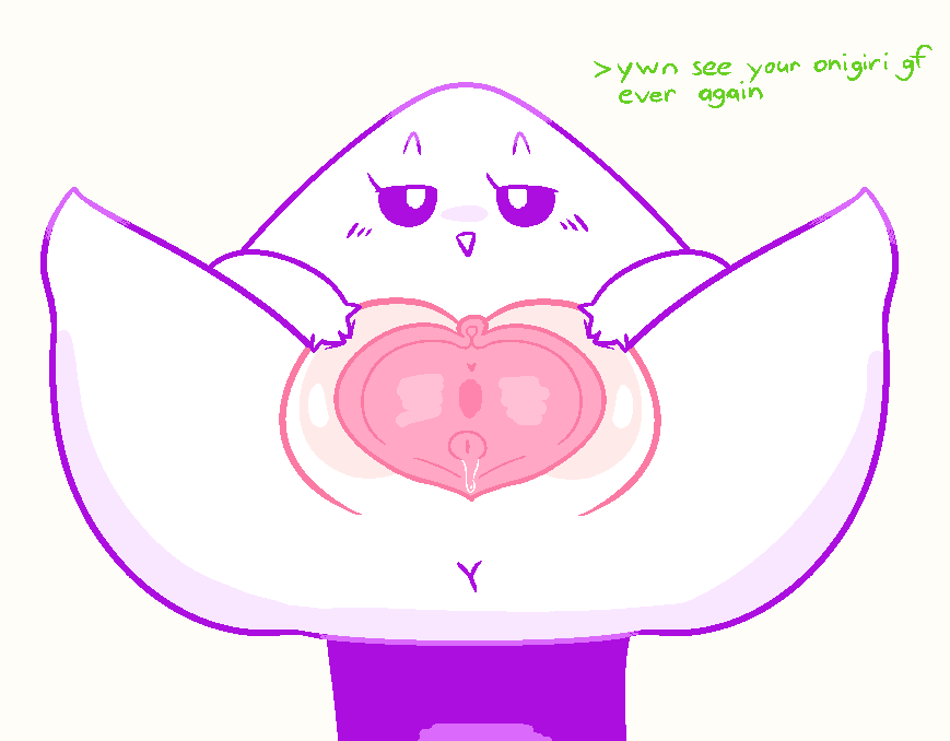bedroom_eyes big_pussy bodily_fluids english_text female food food_creature genital_fluids genitals looking_at_viewer narrowed_eyes not_furry nude onigiri pafu_(exed_eyes) plump_labia pussy pussy_juice seductive slem solo spread_pussy spreading text urethra white_body