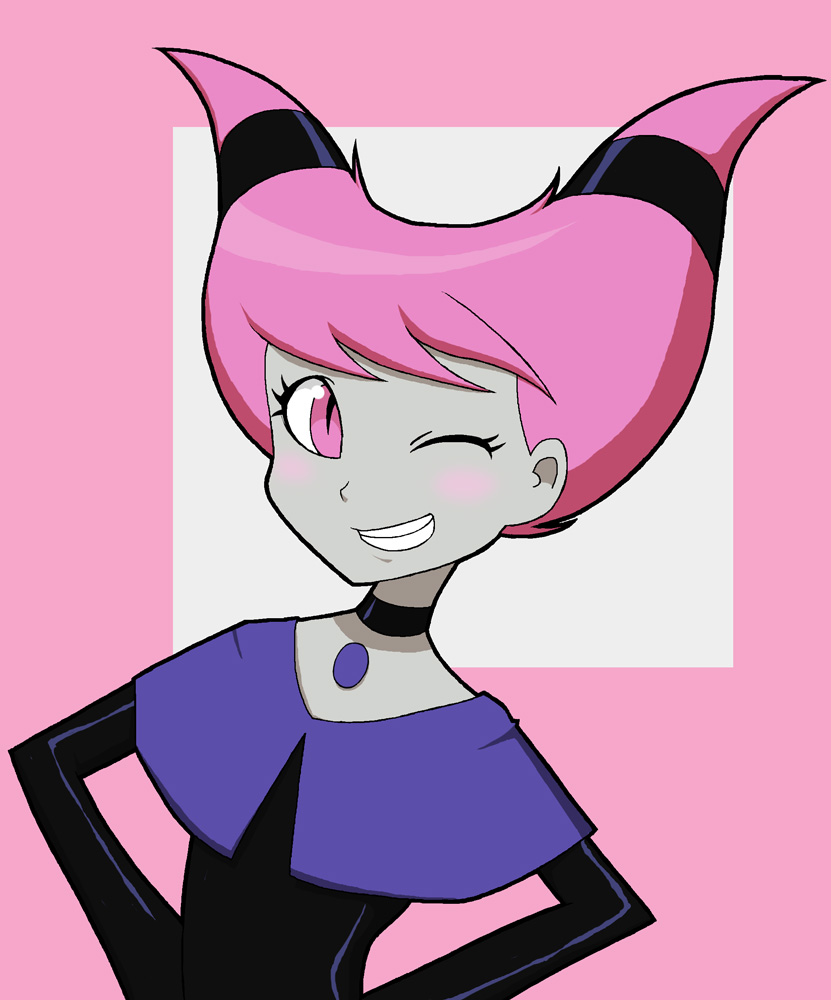 1girl black_choker black_shirt blush capelet choker commentary dc_comics grin hair_horns hands_on_hips jinx_(dc) looking_at_viewer medium_hair one_eye_closed pink_background pink_eyes pink_hair purple_capelet shirt simple_background smile solo tak-u_(sugurusato) teen_titans two-tone_background upper_body white_background