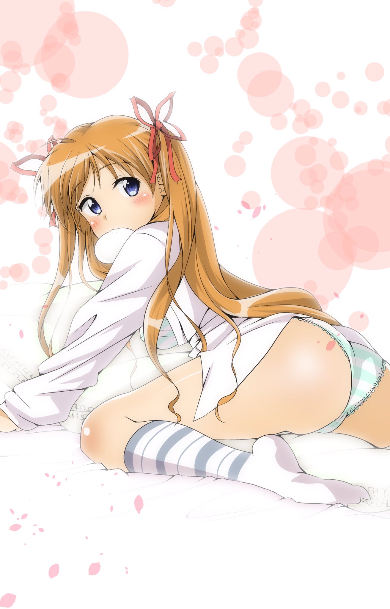 1girl ass baozi blue_eyes blush bra ca2la cameltoe commentary_request eyelashes food food_in_mouth frilled_panties frills hair_between_eyes hair_ribbon hair_spread_out highres kanon long_hair long_sleeves looking_at_viewer looking_back no_shoes on_bed orange_hair panties red_ribbon ribbon sawatari_makoto shiny_skin shirt simple_background sitting socks solo striped striped_bra striped_panties thighs two_side_up underwear very_long_hair white_background white_shirt white_socks