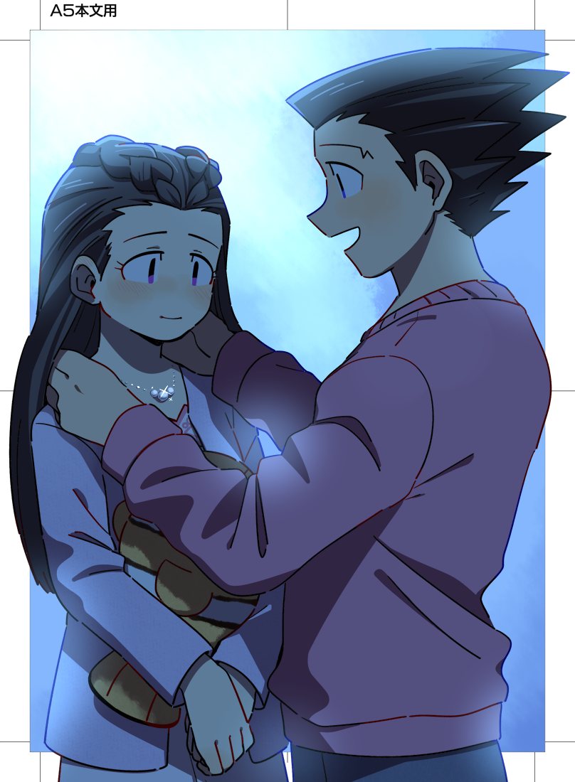 1boy 1girl ace_attorney black_hair blush braid closed_mouth hands_on_another's_shoulders hetero iris_(ace_attorney) jewelry long_hair long_sleeves looking_at_another necklace open_mouth own_hands_together phoenix_wright phoenix_wright:_ace_attorney_-_trials_and_tribulations putting_on_jewelry short_hair smile spiked_hair wahootarou