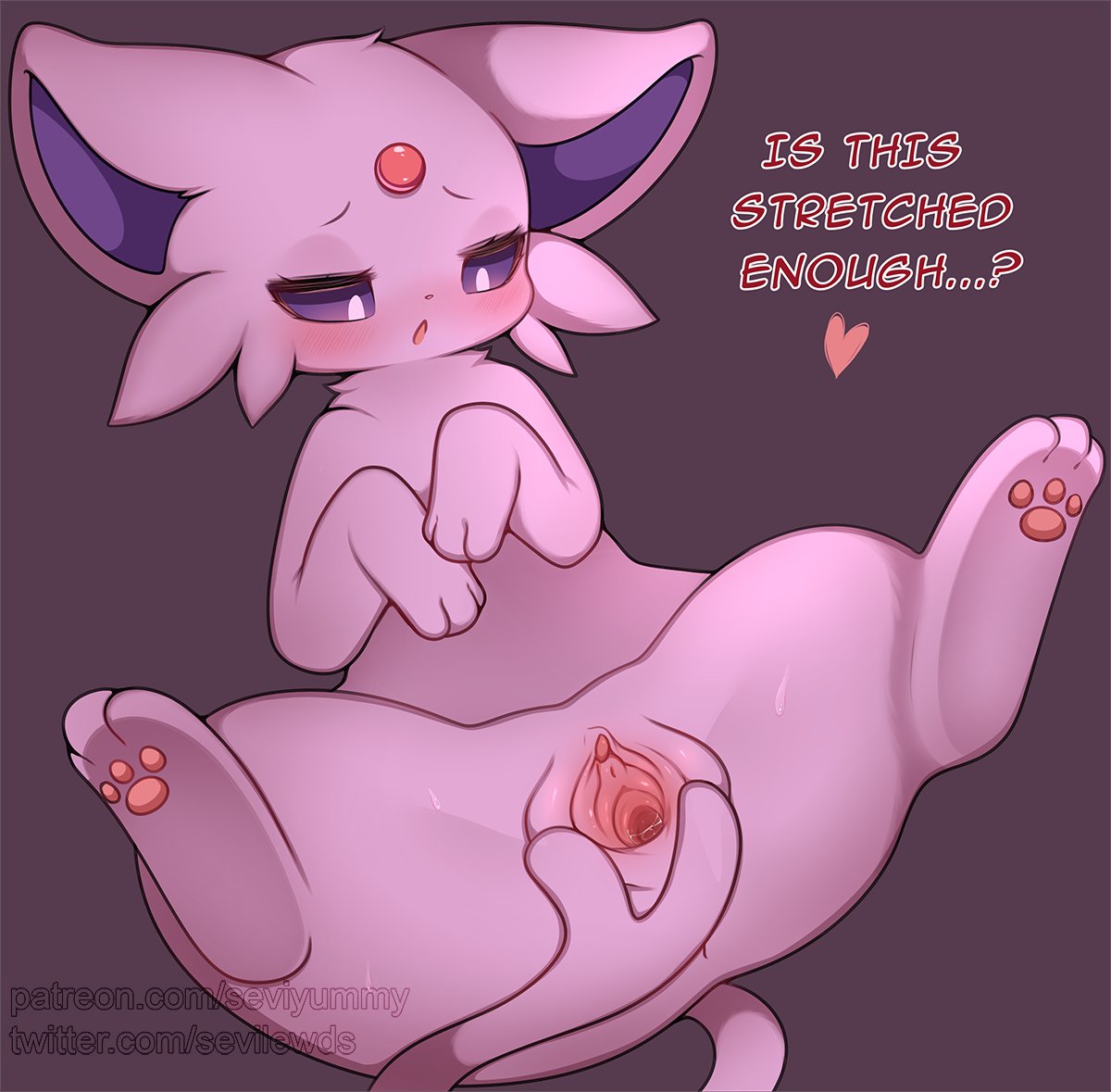 &lt;3 blush dialogue eeveelution english_text espeon female feral forehead_gem forked_tail generation_2_pokemon genitals looking_at_genitalia looking_at_pussy nintendo open_mouth pawpads pink_body pokemon pokemon_(species) purple_sclera pussy quadruped question_mark seviyummy simple_background solo spread_pussy spreading tail text unusual_anatomy unusual_tail url