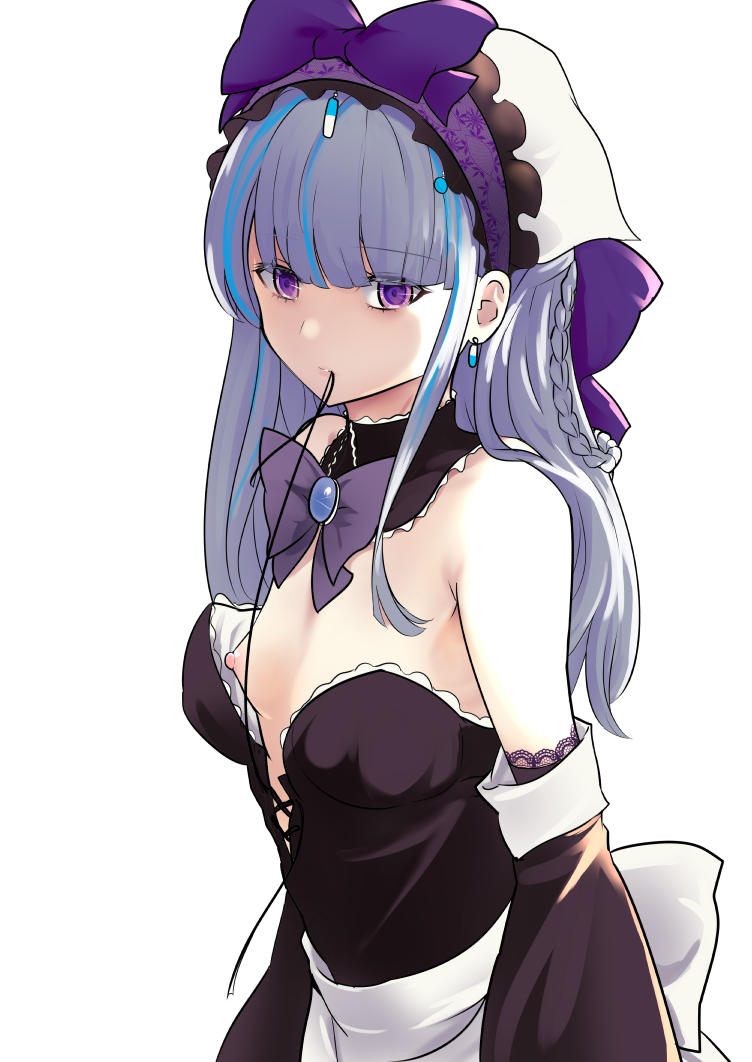 black_dress blue_hair blunt_bangs breasts commentary_request cross-laced_clothes culter detached_collar detached_sleeves dress eyes_visible_through_hair grey_hair maid_headdress mouth_hold multicolored_hair nipples original oversized_breast_cup purple_eyes small_breasts strapless strapless_dress streaked_hair two-tone_hair untied upper_body