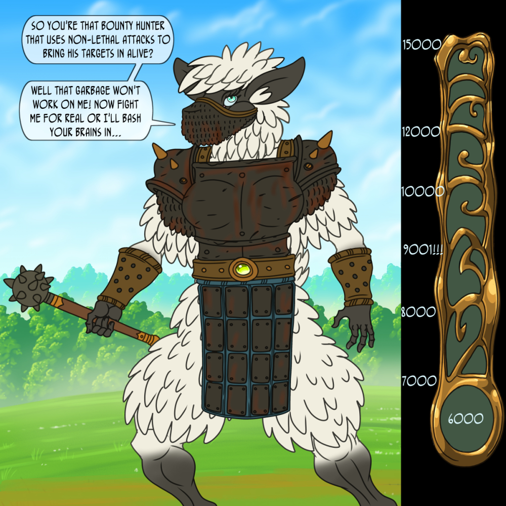 anthro armor blue_eyes bovid bythebook caprine dialogue dipstick_limbs eyelashes female fur grey_body grey_fur holding_mace holding_object holding_weapon looking_at_viewer mace mammal melee_weapon sheep solo speech_bubble talking_to_viewer text weapon white_body white_fur
