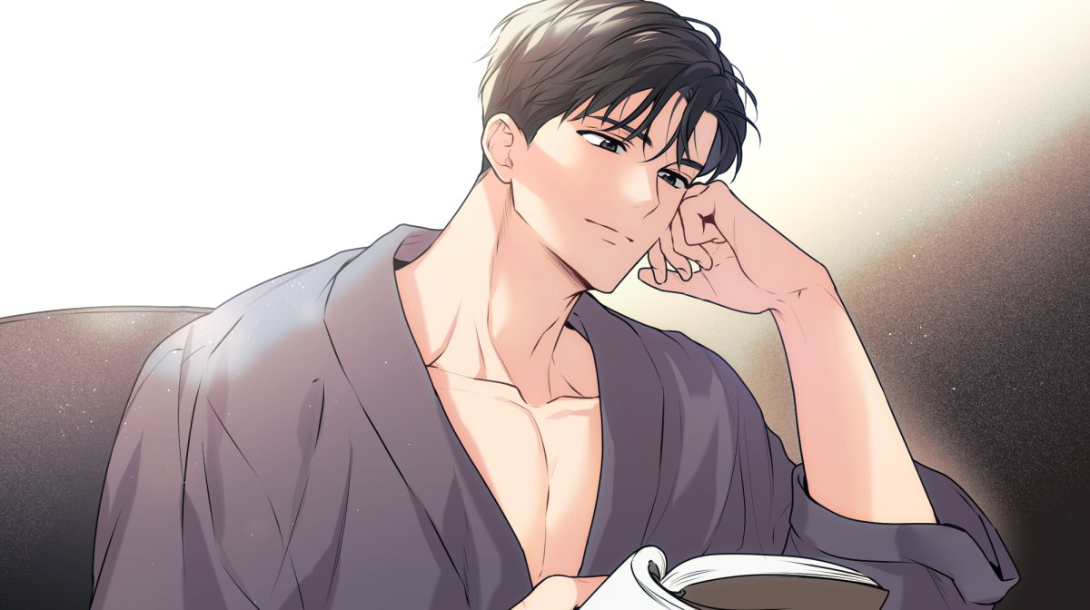 1boy bathrobe book brown_eyes brown_hair closed_mouth hands_on_own_cheeks hands_on_own_face holding holding_book jeong_changin kangjak male_focus official_art passion_(manhwa) reading solo