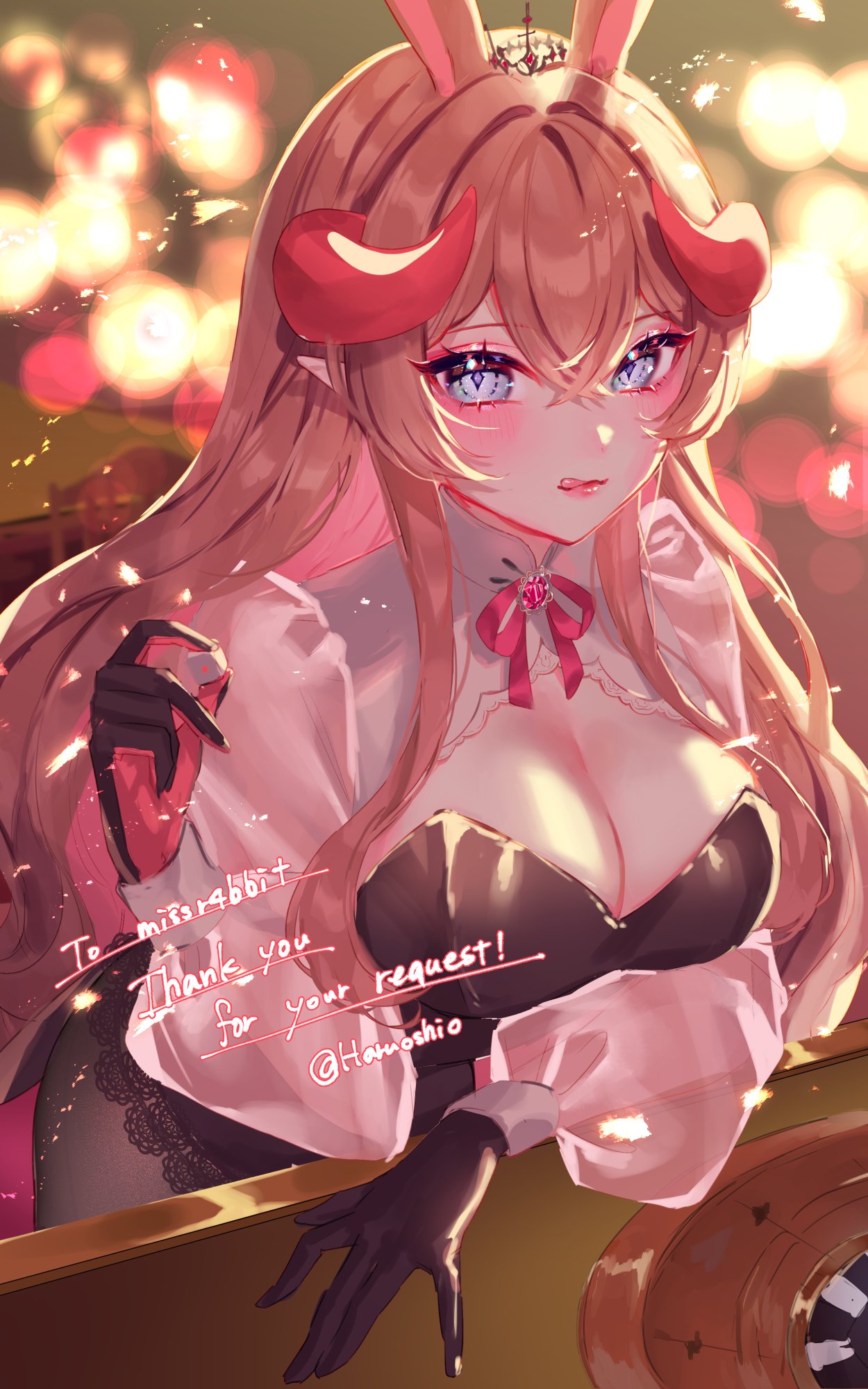 1girl animal_ears black_gloves blue_eyes breasts brown_hair casino cleavage colored_inner_hair commission gloves harushio highres holding_dice horns indie_virtual_youtuber long_hair miss_rabbit multicolored_hair pink_gloves pink_hair rabbit_ears rabbit_girl red_horns see-through see-through_sleeves skeb_commission solo two-tone_gloves