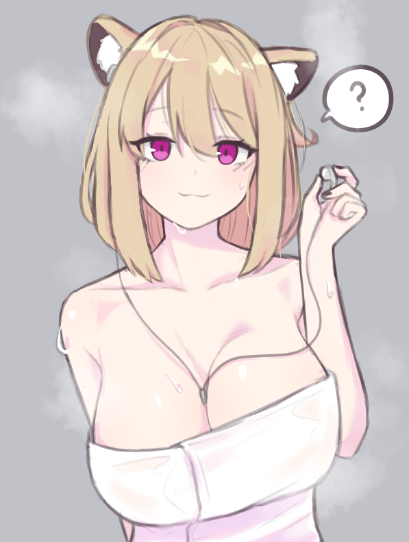 10_(xknn5488) 1girl ? animal_ear_fluff animal_ears arknights breasts brown_hair earbuds earphones grey_background huge_breasts looking_at_viewer naked_towel purple_eyes short_hair simple_background solo spoken_question_mark towel upper_body utage_(arknights)