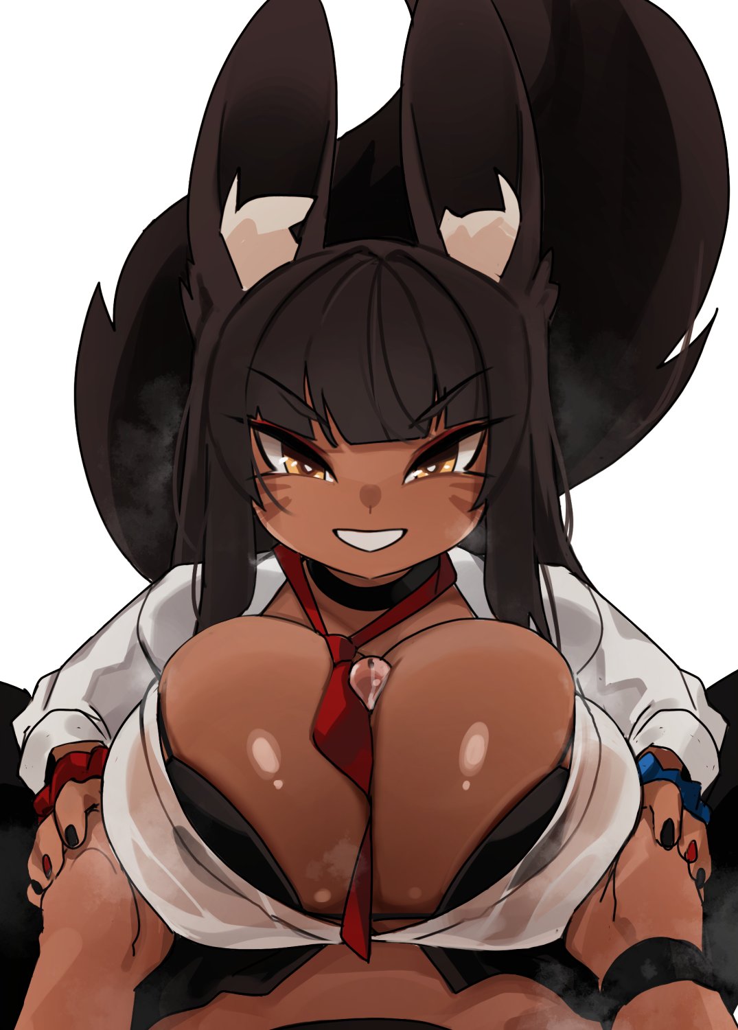 animal_humanoid big_breasts black_hair bodily_fluids bra breast_play breasts canid canid_humanoid canine canine_humanoid clothing dark_body dark_skin duo facial_markings female first_person_view fox_humanoid genital_fluids genitals grin hair head_markings hi_res huge_breasts human humanoid looking_at_viewer male male/female mammal mammal_humanoid markings penis precum sex shirt simple_background smile tail titfuck topwear underwear yellow_eyes zanamaoria