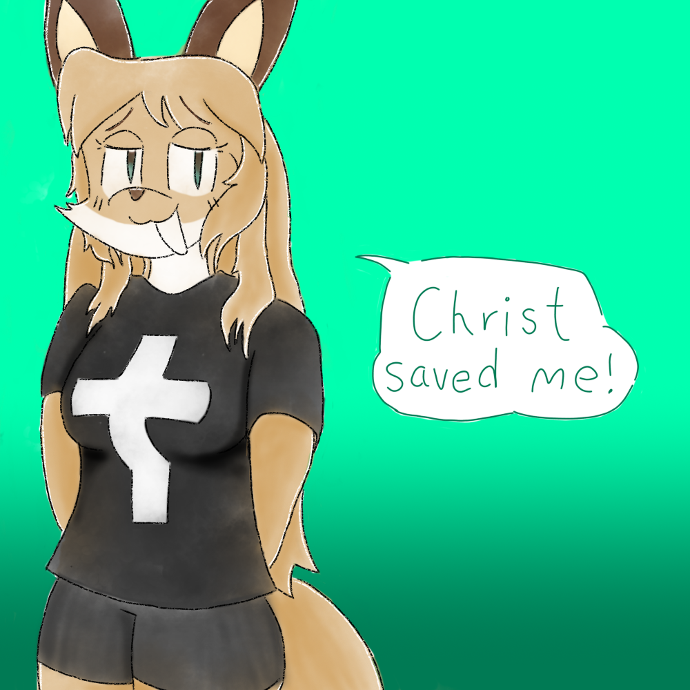 anthro averi_(fiddleafox) big_breasts black_bottomwear black_clothing black_shorts bottomwear breasts brown_body brown_fur canid canine christian_cross christianity clothing cross_print dialogue dipstick_tail english_text female female_anthro fox fur green_text hair hands_behind_back leg_markings mammal markings print_clothing print_shirt print_t-shirt print_topwear religion shirt shorts simple_background solo t-shirt tail tail_markings talking_to_viewer text topwear unknown_artist white_body white_fur