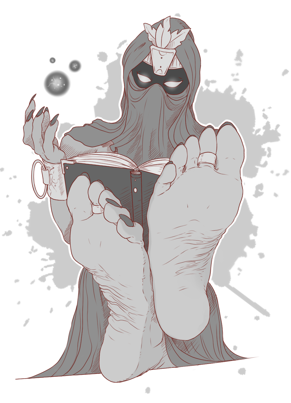 barefoot book claws clothed clothing feet female foot_fetish foot_focus hi_res humanoid humanoid_feet kredri magic magic_user not_furry paws plantigrade reading reading_book simple_background soles solo toe_claws toes witch
