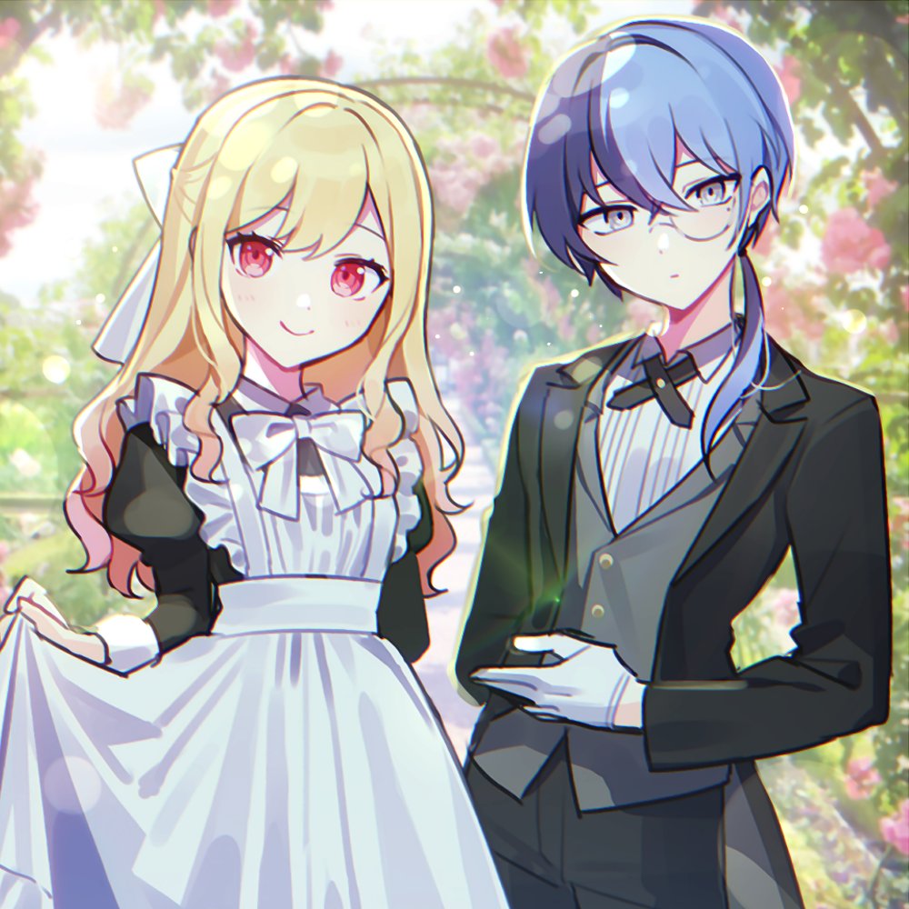 1boy 1girl aoyagi_touya apron black_dress black_jacket black_pants blonde_hair blue_hair bow butler closed_mouth commentary_request cross_tie dress garden gloves gradient_hair grey_eyes grey_vest hair_bow jacket juliet_sleeves long_sleeves low_ponytail maid mole mole_under_eye multicolored_hair pants pink_eyes project_sekai puffy_sleeves shirt smile split-color_hair tenma_saki vest waka_(wk4444) white_apron white_bow white_gloves white_shirt