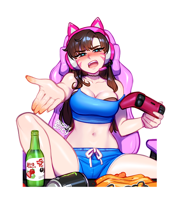 1girl :d animal_ear_headphones animal_ears bare_shoulders black_choker blue_shorts blush blushyspicy bottle bra breasts brown_ahri brown_hair can cat_ear_headphones cat_ears chair choker cleavage collarbone controller crop_top d.va_(overwatch) facial_mark fake_animal_ears half-closed_eyes headphones holding holding_controller knee_up large_breasts legs_apart long_hair looking_at_viewer midriff monster_energy off_shoulder outline overwatch shiny_skin shorts sitting smile solo teeth transparent_background underwear upper_teeth_only white_outline